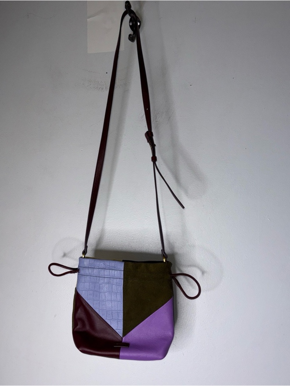 Fossil GiGi Drawstring Cross Body Patchwork‎ Purse Leather & Suede Purple